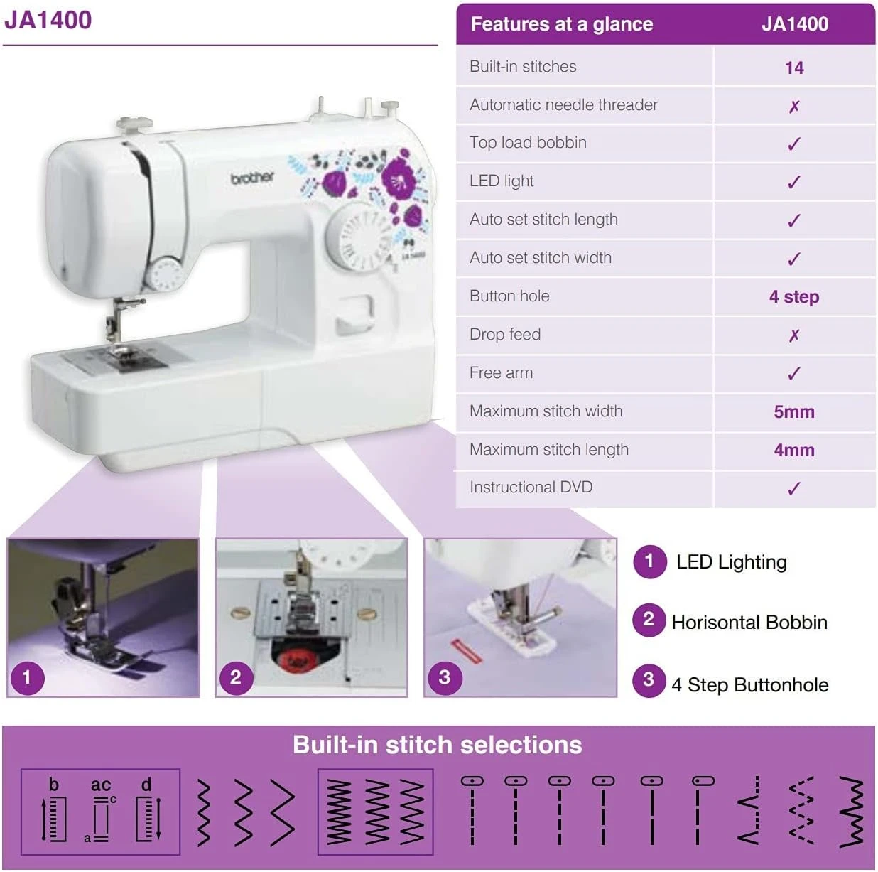 Brother, Sewing Machine, Sewing & Mending, White, 14 Built-in Stitches, JA1400-3PIN