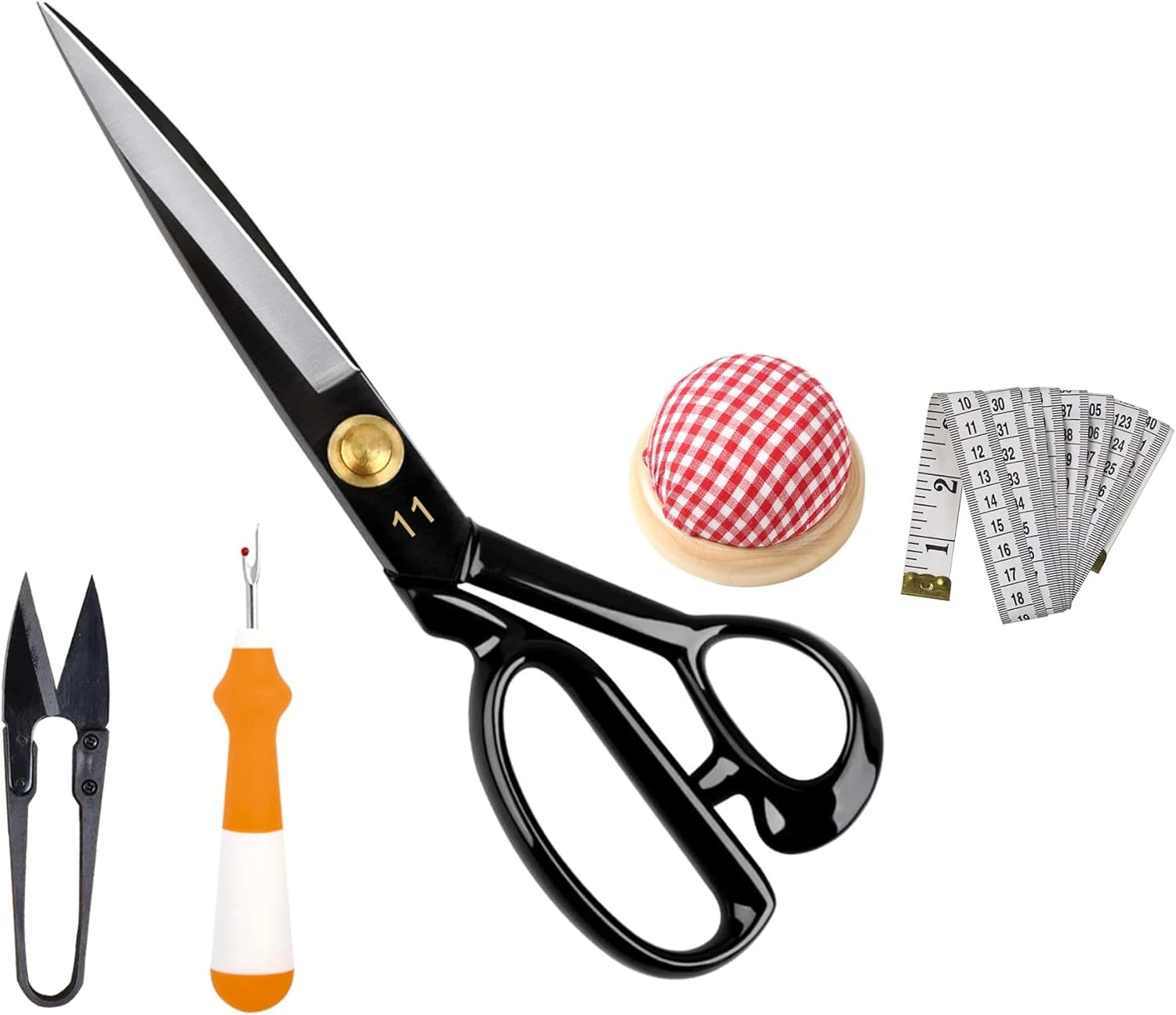 Professional Sewing Scissors Set - 11" Dressmaker Shears for Fabric, Thread Snips, Seam Ripper, Tape Measure (3M), Pin Cushion with Glass Head Pins - Tailoring Kit for Sewing & Crafting