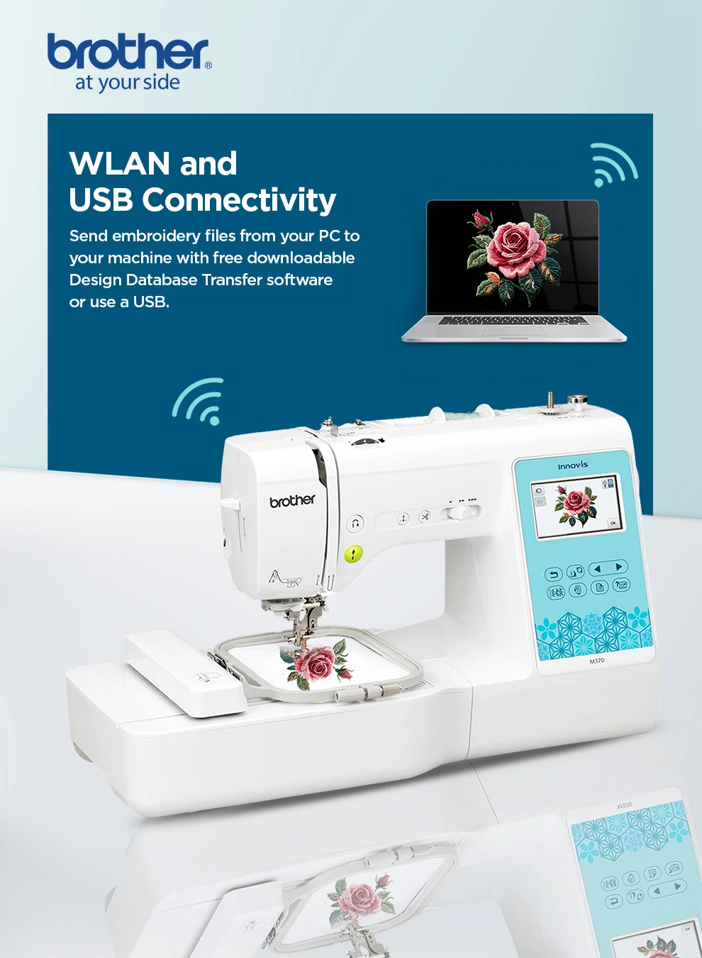 Innov-is M370 Electric Sewing and Embroidery Machine |Featuring easy-to-use functions |built-in designs and wireless connectivity | on-screen editing capability | Advanced needle threading system | white color |Made in Vietnam M370 White