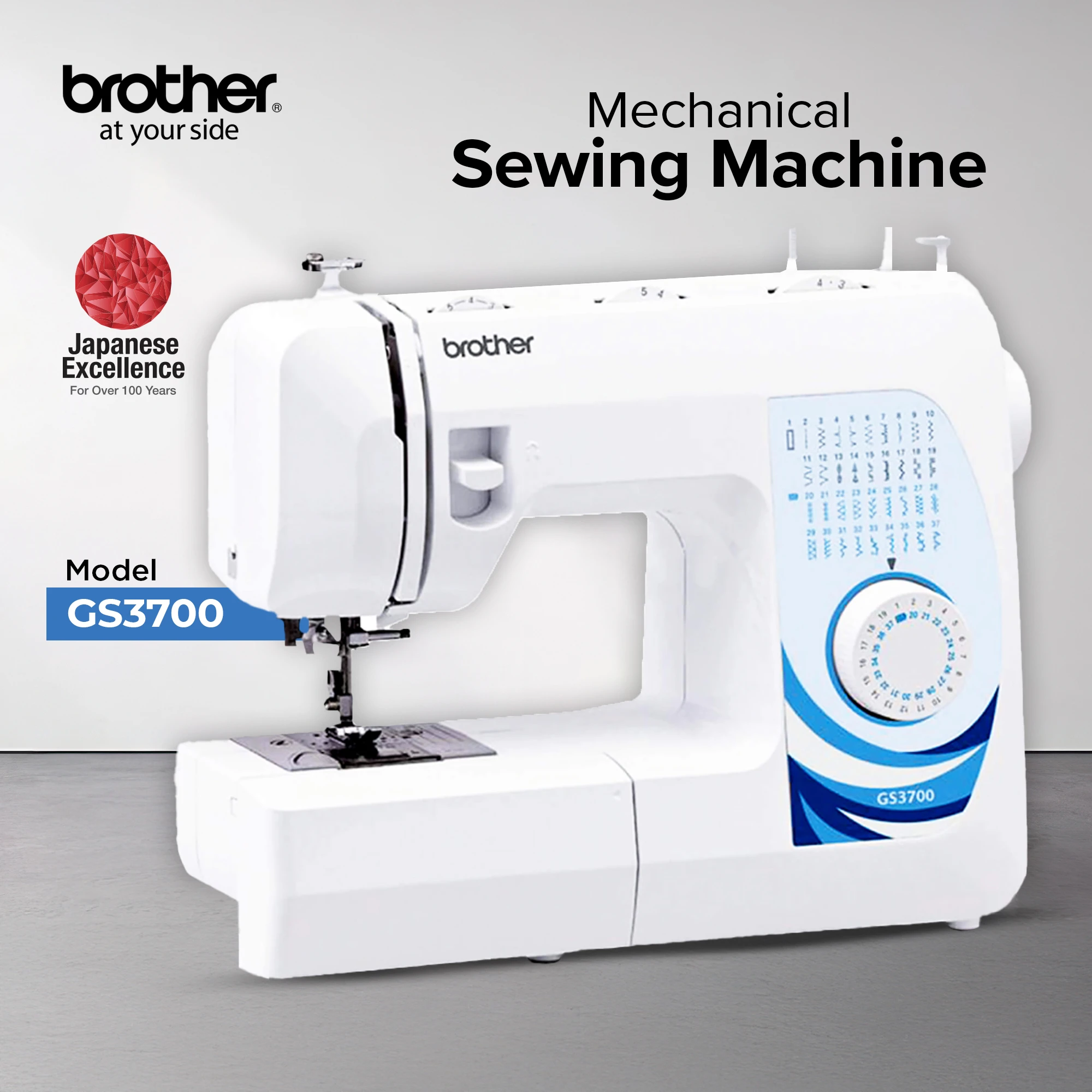 Traditional Metal Chassis Electric Sewing Machines Featuring 37 Built-In Stitch Selections For Convenient And Versatile Sewing | GS3700 White/Blue/Silver