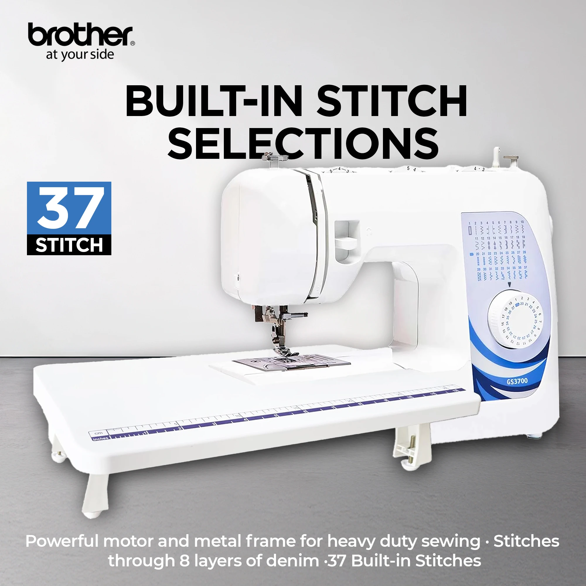 Traditional Metal Chassis Electric Sewing Machines Featuring 37 Built-In Stitch Selections For Convenient And Versatile Sewing | GS3700 White/Blue/Silver