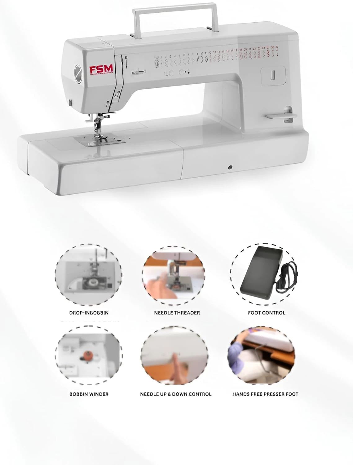 FSM Long Arm Computerized Sewing & Quilting Machine â€“ 12" Workspace, Touchscreen Interface, 400 Built-In Stitches, Auto Thread Trimmer, Memory Mode, Built-In Needle Threader, 240V DC Motor, Made in Taiwan â€“ White