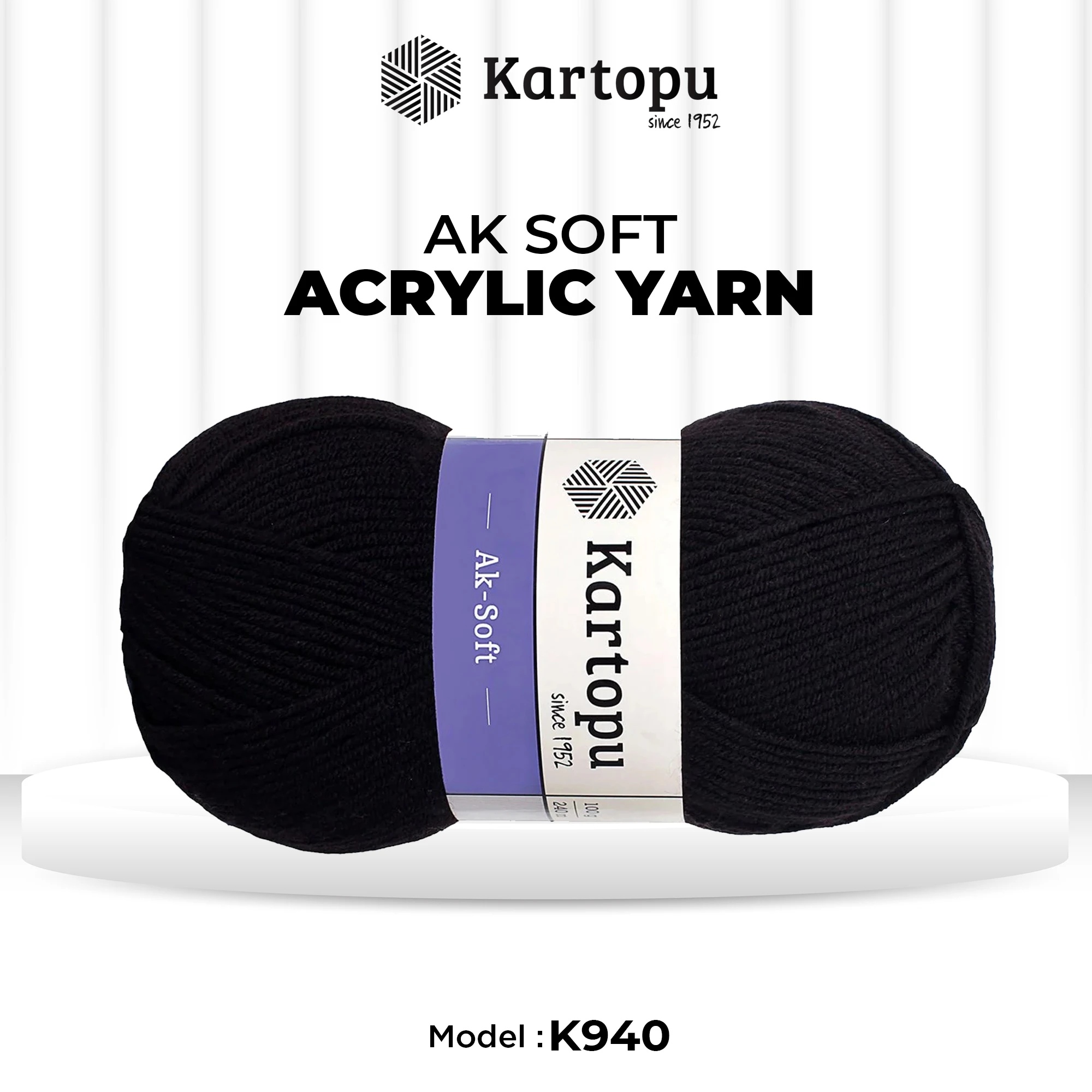 Kartopu K940 Ak-Soft Knitting Yarn â€“ 100 g, 250 Meter Length (Black)