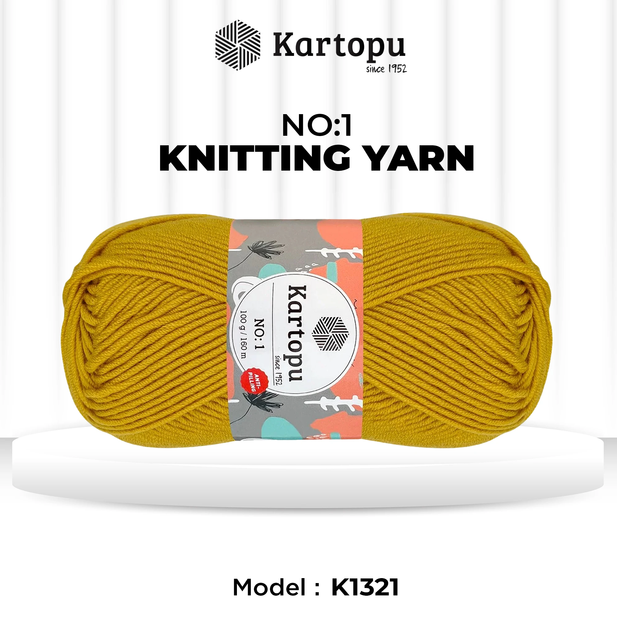 Kartopu K1321 No-1 Yarn 100 g, 160 Meter Length, Mustard